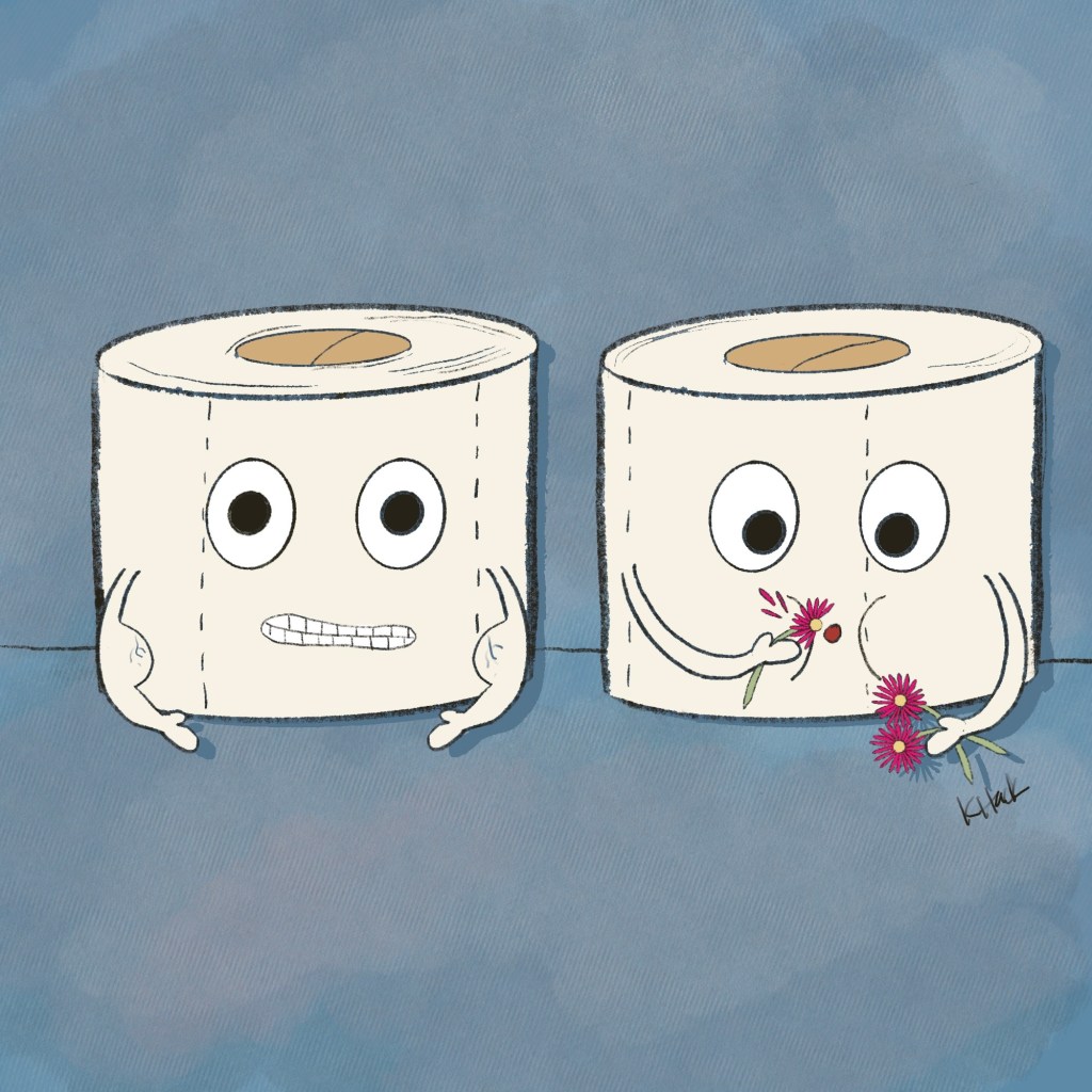Cartoon toilet paper with muscley biceps and another toilet paper holding flowers